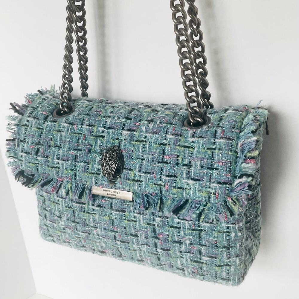 Kurt Geiger Kensington Large Blue Tweed Boucle Eagle Head Bag